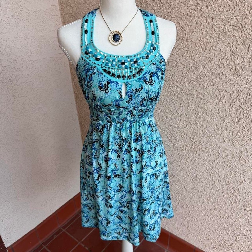 Candie's blue floral beaded halter dress